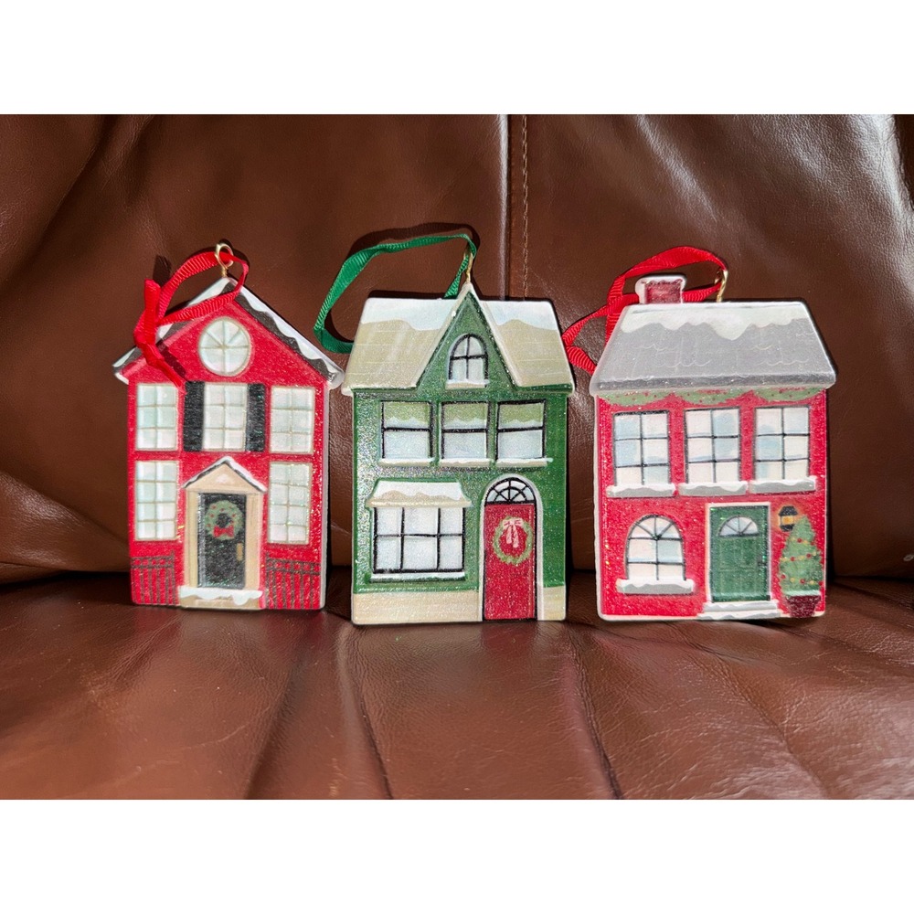Christmas House Ornaments Set 3 Wooden Hand Painted Glitter Red Green Village